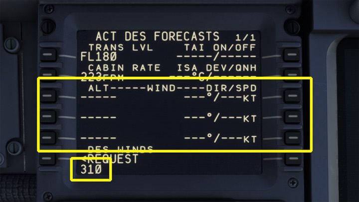 Na początek wprowadzimy informacje o wietrze WIND, dla trzech pułapów: najwyższego 31 tyś stóp, pośredniego 20 tyś i niskiego 10 tysięcy stóp - PMDG 737: Cold Start i plan lotu w FMC - Microsoft Flight Simulator 2020 - poradnik do gry