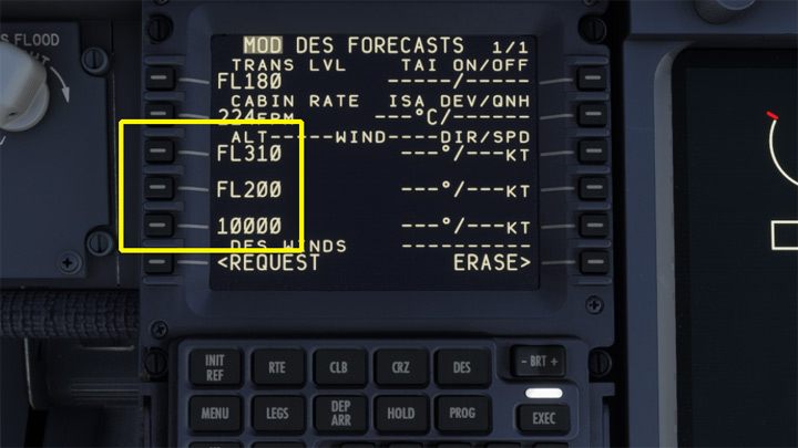 Pułap wprowadzamy w formacie 3-cyfrowym, czyli odpowiednio: 310, 200 i 100 - PMDG 737: Cold Start i plan lotu w FMC - Microsoft Flight Simulator 2020 - poradnik do gry