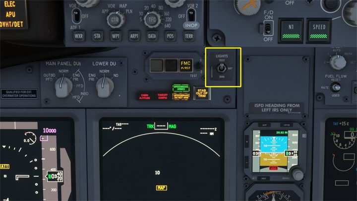 Zacznijcie od testu kontrolek ustawiając przełącznik LIGHTS na górną pozycję TEST - PMDG 737: Cold Start i plan lotu w FMC - Microsoft Flight Simulator 2020 - poradnik do gry