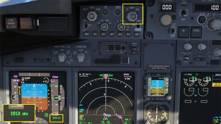 Ustawcie lokalne ciśnienie barometryczne na wysokościomierzu Altimeter według prognozy pogody, wybierając najpierw odpowiedni format hPa lub inHg zależnie od kraju startu - PMDG 737: Cold Start i plan lotu w FMC - Microsoft Flight Simulator 2020 - poradnik do gry