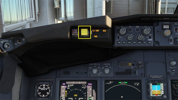 Wykasuj kontrolkę ostrzeżeń Master Caution klikając na niej - PMDG 737: Cold Start i plan lotu w FMC - Microsoft Flight Simulator 2020 - poradnik do gry