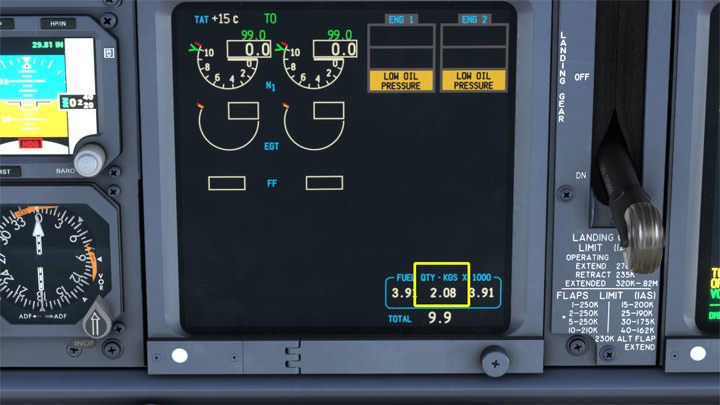 Ilość paliwa można sprawdzić na środkowym ekranie - PMDG 737: Cold Start i plan lotu w FMC - Microsoft Flight Simulator 2020 - poradnik do gry