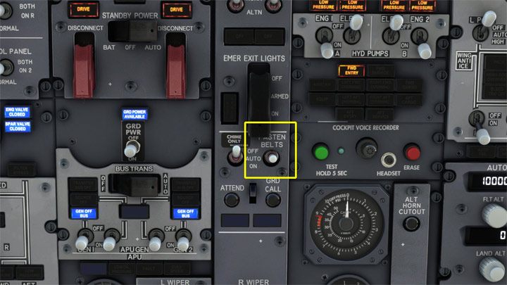 Jeśli tankowanie dobiegło końca, można ustawić sygnał zapięcia pasów FASTEN BELTS na pozycję ON - PMDG 737: Cold Start i plan lotu w FMC - Microsoft Flight Simulator 2020 - poradnik do gry