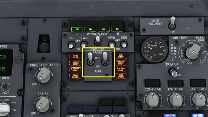 Ogrzewanie rurek Pitota PROBE HEAT włącza się na ziemi, gdy temperatura powietrza wynosi poniżej 3 stopni Celsjusza i jest widoczna wilgoć - deszcz, mgła, śnieg - PMDG 737: Cold Start i plan lotu w FMC - Microsoft Flight Simulator 2020 - poradnik do gry