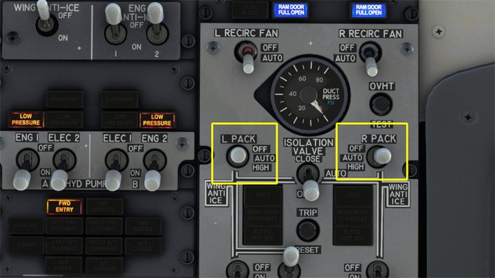 Ustawcie przełączniki PACK, czyli klimatyzacji kabiny na środkową pozycję AUTO - PMDG 737: Cold Start i plan lotu w FMC - Microsoft Flight Simulator 2020 - poradnik do gry