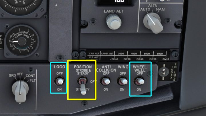 Na panelu świateł włączacie światła pozycyjne POSITION na STEADY - PMDG 737: Cold Start i plan lotu w FMC - Microsoft Flight Simulator 2020 - poradnik do gry