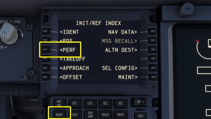 Do ekranu PERFORMANCE najłatwiej trafić wybierając MENU -> FMC -> PERF - PMDG 737: Cold Start i plan lotu w FMC - Microsoft Flight Simulator 2020 - poradnik do gry