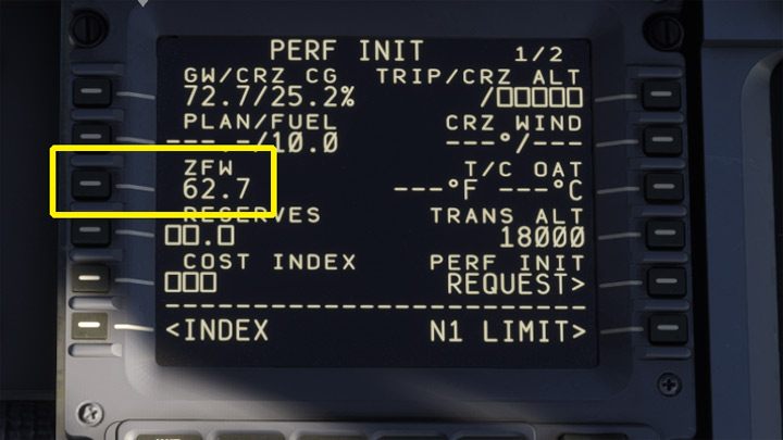 Wciśnijcie dwukrotnie przycisk przy ZFW (Zero Fuel Weight) - PMDG 737: Cold Start i plan lotu w FMC - Microsoft Flight Simulator 2020 - poradnik do gry