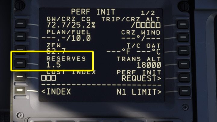Wpiszcie ilość paliwa przewidzianego jako rezerwa w identycznym formacie, jak na screenie i wprowadźcie w polu RESERVES - PMDG 737: Cold Start i plan lotu w FMC - Microsoft Flight Simulator 2020 - poradnik do gry