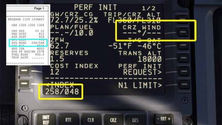 W polu CRZ WIND wprowadźcie średnie wartości dla wiatru AVG WIND - kierunek oraz siłę w węzłach - PMDG 737: Cold Start i plan lotu w FMC - Microsoft Flight Simulator 2020 - poradnik do gry