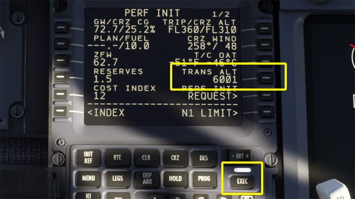 W polu TRANS ALT podajcie wysokość przejściową (Transition Altitude) dla kraju lotniska początkowego + 1 stopa zapasu - PMDG 737: Cold Start i plan lotu w FMC - Microsoft Flight Simulator 2020 - poradnik do gry