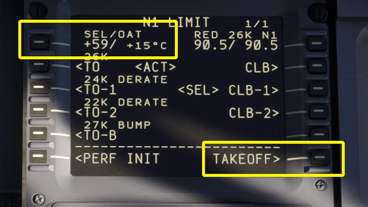 Opcjonalnie można wprowadzić wartość SEL/OAT pozwalającą wyliczyć nieco mniejszą moc silników potrzebną do startu, ale wymaga to specjalistycznego kalkulatora niedostępnego w symulatorze - PMDG 737: Cold Start i plan lotu w FMC - Microsoft Flight Simulator 2020 - poradnik do gry