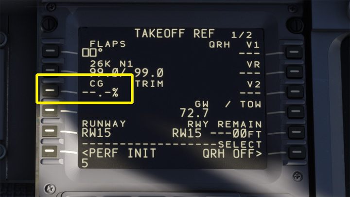 Kliknijcie dwa razy na CG, by automatycznie wprowadzić wartość Center of Gravity - PMDG 737: Cold Start i plan lotu w FMC - Microsoft Flight Simulator 2020 - poradnik do gry