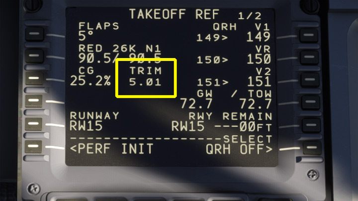 Zwróćcie uwagę na pole TRIM, która została automatycznie wyliczona po podaniu klap - PMDG 737: Cold Start i plan lotu w FMC - Microsoft Flight Simulator 2020 - poradnik do gry