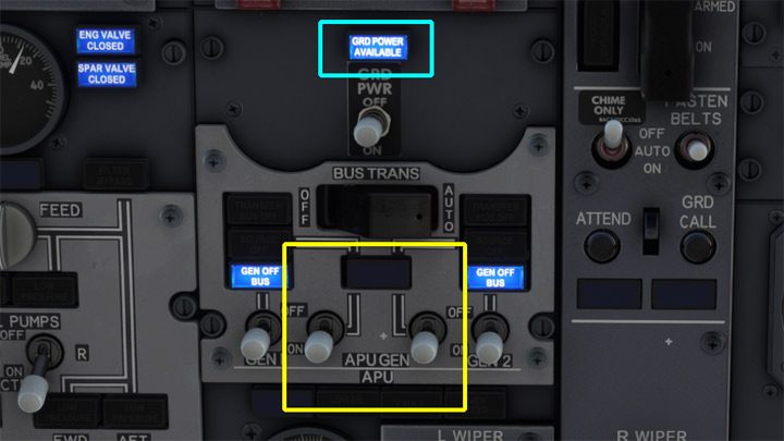 Kliknijcie obydwa przełączniki APUGEN w dół, by przestawić samolot na zasilanie APU - PMDG 737: Cold Start i plan lotu w FMC - Microsoft Flight Simulator 2020 - poradnik do gry