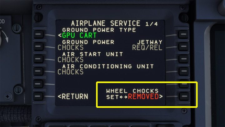 Kliknijcie na WHEEL CHOCKS, by usunąć blokady spod kół - PMDG 737: Cold Start i plan lotu w FMC - Microsoft Flight Simulator 2020 - poradnik do gry