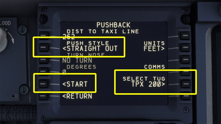 Wybierzcie funkcję PUSHBACK, by rozpocząć procedurę wypychania samolotu na drogę kołowania - PMDG 737: Cold Start i plan lotu w FMC - Microsoft Flight Simulator 2020 - poradnik do gry