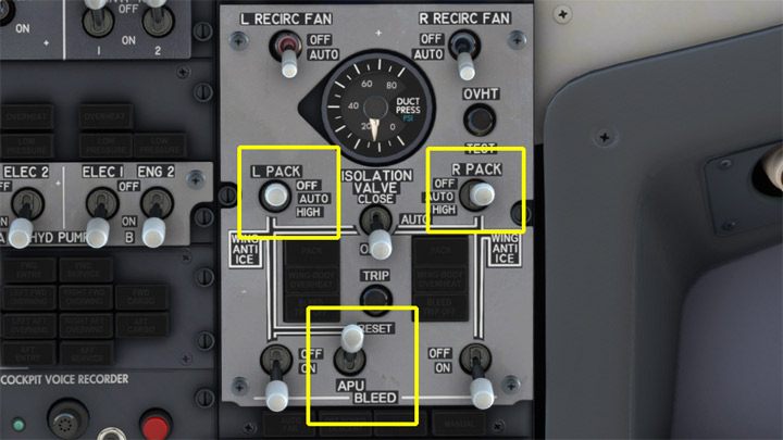 Ustawcie PACKs z powrotem na pozycję AUTO i APU BLEED na górną pozycję OFF - PMDG 737: Cold Start i plan lotu w FMC - Microsoft Flight Simulator 2020 - poradnik do gry