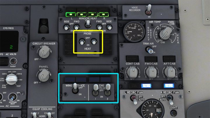 Ustawcie przełączniki PROBE HEAT na dolną pozycję ON - PMDG 737: Kołowanie i start - taxi i takeoff - Microsoft Flight Simulator 2020 - poradnik do gry