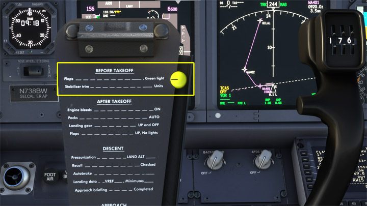 Podręczna ściąga najważniejszych czynności przed startem jest cały czas przed oczami na wolancie - PMDG 737: Kołowanie i start - taxi i takeoff - Microsoft Flight Simulator 2020 - poradnik do gry