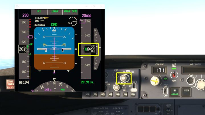 Po osiągnięciu wysokości przejściowej Transition Altitude należy przestawić wysokościomierz na standardowe ciśnienie, wciskając pokrętło oznaczone: STD - PMDG 737: Kołowanie i start - taxi i takeoff - Microsoft Flight Simulator 2020 - poradnik do gry
