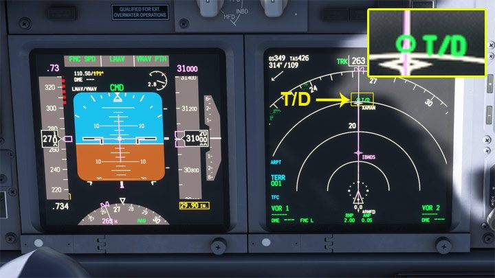 W trybie autopilota VNAV zniżanie rozpocznie się automatycznie, gdy samolot osiągnie punkt T/D - Top of Descent - PMDG 737: Zniżanie, podejście i lądowanie ILS - Microsoft Flight Simulator 2020 - poradnik do gry