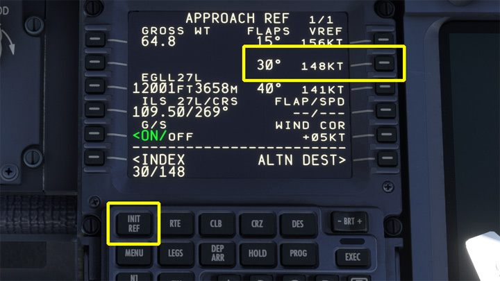 W komputerze FMC i sekcji INIT REF wybierzcie wartość klap (Flap) do lądowania (15, 30 lub 40), sprawdzając od razu prędkość podejścia do pasa - PMDG 737: Zniżanie, podejście i lądowanie ILS - Microsoft Flight Simulator 2020 - poradnik do gry