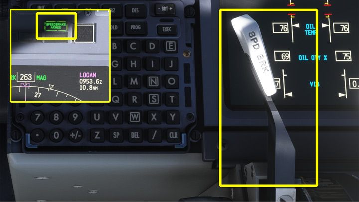 Hamulec aerodynamiczny powinien być już schowany i uzbrojony (dźwignia podciągnięta do góry) - PMDG 737: Zniżanie, podejście i lądowanie ILS - Microsoft Flight Simulator 2020 - poradnik do gry