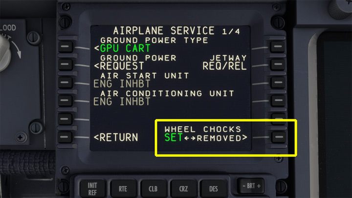 Z FMC i menu FS Actions wybierzcie blokady pod koła WHEEL CHOCKS - SET - PMDG 737: Zniżanie, podejście i lądowanie ILS - Microsoft Flight Simulator 2020 - poradnik do gry