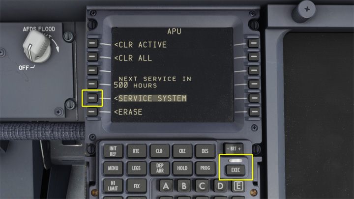 W tej samej zakładce znajduje się funkcja SERVICE SYSTEM, pozwalająca na przegląd techniczny tego elementu, gdy ilość godzin do wymaganego sprawdzenia zbliża się do zera - PMDG 737: Aircraft - konfiguracja samolotu (PMDG Setup) - Microsoft Flight Simulator 2020 - poradnik do gry