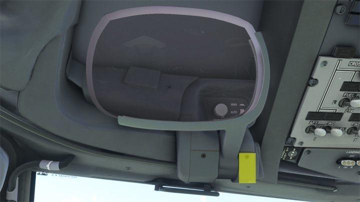 W przypadku zainstalowanego wyświetlacza HGS (Head-Up Guidance System) rozkłada się go klikając w miejsce zaznaczone na screenshocie - PMDG 737: Kokpit Boeinga 737 - Microsoft Flight Simulator 2020 - poradnik do gry