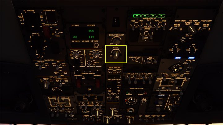Na Overhead pokrętło PANEL podświetla napisy przy przełącznikach - PMDG 737: Kokpit Boeinga 737 - Microsoft Flight Simulator 2020 - poradnik do gry
