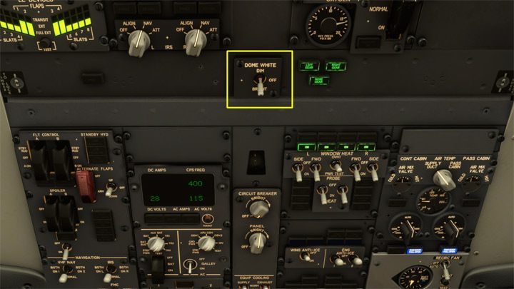 W tylnej sekcji Overhead znajduje się włącznik ogólnego oświetlenia całego kokpitu - DOME WHITE - PMDG 737: Kokpit Boeinga 737 - Microsoft Flight Simulator 2020 - poradnik do gry