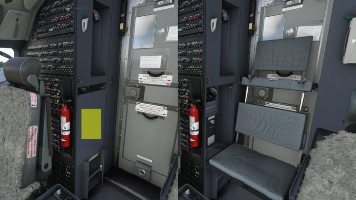 Jump Seat - kliknięcie na zaznaczonym miejscu rozkłada jump seat - dodatkowy fotel dla gościa w kokpicie - PMDG 737: Kokpit Boeinga 737 - Microsoft Flight Simulator 2020 - poradnik do gry