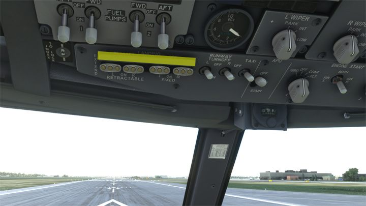 Landing Lights - przy przełączniku świateł lądowania starszego typu, kliknięcie na belce pozwala włączyć wszystkie cztery przełączniki jednocześnie - PMDG 737: Kokpit Boeinga 737 - Microsoft Flight Simulator 2020 - poradnik do gry