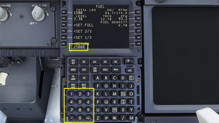 Używając klawiatury, wpiszcie docelową wartość w kilogramach KGS lub funtach LBS (zależnie od ustawienia w FMC i danych z planu lotu) - PMDG 737: Tankowanie samolotu - Microsoft Flight Simulator 2020 - poradnik do gry