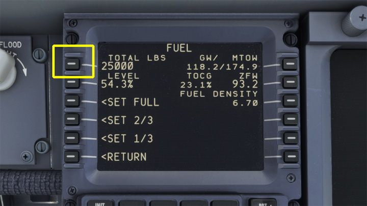Kliknijcie w przycisk obok liczby TOTAL LBS lub TOTAL KGS - PMDG 737: Tankowanie samolotu - Microsoft Flight Simulator 2020 - poradnik do gry