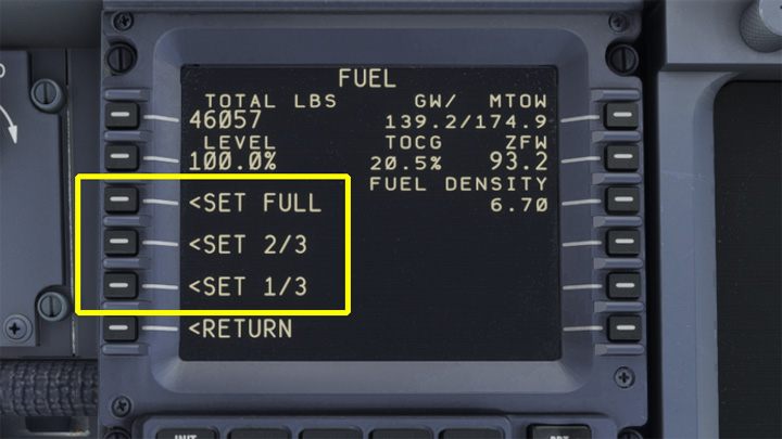 Opcjonalnie można od razu ustawić pełne zbiorniki lub wartości 2/3 lub 1/3 wypełnienia - PMDG 737: Tankowanie samolotu - Microsoft Flight Simulator 2020 - poradnik do gry