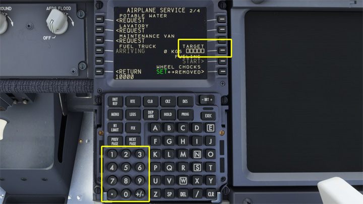 Za pomocą klawiatury wpiszcie docelową ilość paliwa z planu lotu w odpowiedniej jednostce miary i kliknijcie przycisk obok funkcji TARGET - PMDG 737: Tankowanie samolotu - Microsoft Flight Simulator 2020 - poradnik do gry