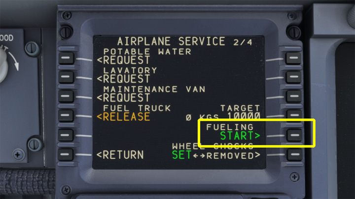 Kiedy wszystko zostanie podłączone, przy napisie FUELING pojawi się opcja START - PMDG 737: Tankowanie samolotu - Microsoft Flight Simulator 2020 - poradnik do gry