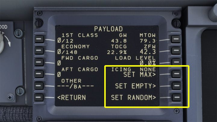 Pierwsza opcja to ustawienie maksymalnego załadunku pasażerów i bagaży (SET MAX), pustego samolotu (SET EMPTY), co można wykorzystać do zapisania domyślnego stanu samolotu dla każdego lotu oraz losowego ciężaru klikając na SET RANDOM - PMDG 737: Boarding pasażerów i załadunek bagaży - Microsoft Flight Simulator 2020 - poradnik do gry
