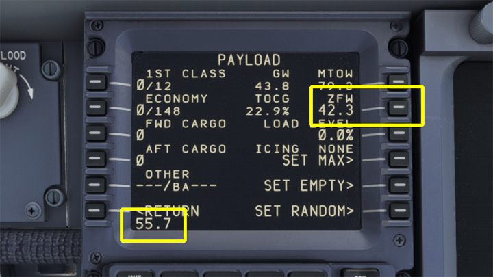 Inny sposób to wpisanie na klawiaturze numerycznej FMC ciężaru samolotu bez paliwa, czyli wartości ZFW (Zero Fuel Weight) i kliknięcie na przycisk ZFW - PMDG 737: Boarding pasażerów i załadunek bagaży - Microsoft Flight Simulator 2020 - poradnik do gry