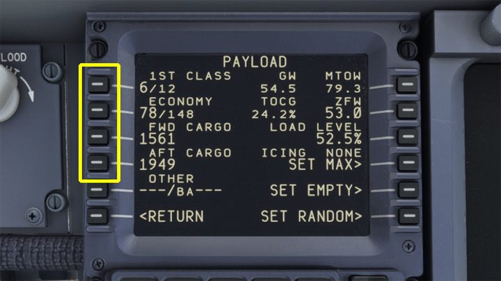 Ostatnia opcja to ręczne wpisanie na klawiaturze numerycznej liczby pasażerów 1 klasy, klasy ekonomicznej (do podanych wartości maksymalnych), ciężaru bagaży w przednim luku (FWD CARGO) i ciężaru bagaży w tylnym luku (AFT CARGO) - PMDG 737: Boarding pasażerów i załadunek bagaży - Microsoft Flight Simulator 2020 - poradnik do gry