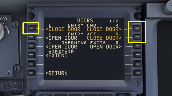 Drzwi są umieszczone z przodu (FWD), z tyłu (AFT), po lewej (L) i po prawej (R) stronie samolotu - PMDG 737: Boarding pasażerów i załadunek bagaży - Microsoft Flight Simulator 2020 - poradnik do gry