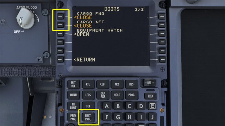 Klikając na drugą stronę NEXT PAGE znajdziecie tam opcję otwarcia przedniego (CARGO FWD) i tylnego (CARGO AFT) luku bagażowego - PMDG 737: Boarding pasażerów i załadunek bagaży - Microsoft Flight Simulator 2020 - poradnik do gry