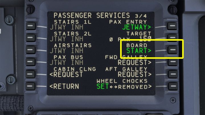 Jeśli Jetway lub schody są podłączone i lewe drzwi otwarte, przycisk BOARD START podświetli się na zielono - PMDG 737: Boarding pasażerów i załadunek bagaży - Microsoft Flight Simulator 2020 - poradnik do gry