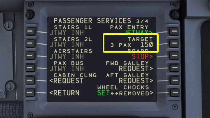 Postępy boardingu widać przy napisie PAX (pasażerowie) - PMDG 737: Boarding pasażerów i załadunek bagaży - Microsoft Flight Simulator 2020 - poradnik do gry