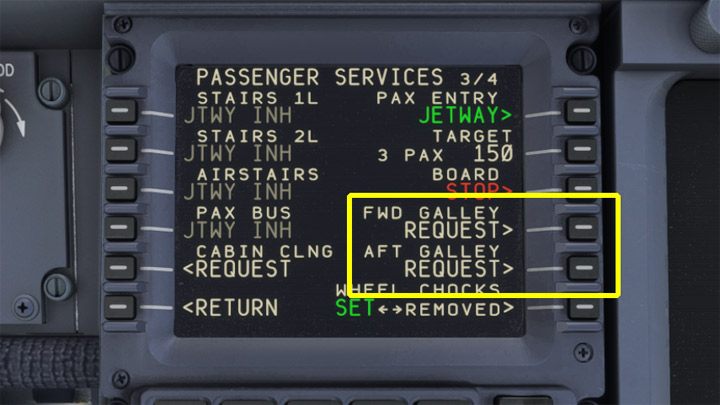 Na tej samej stronie możecie przywołać ciężarówki z cateringiem, klikając na REQUEST GALLEY na przód (FWD) i tył samolotu (AFT) - PMDG 737: Boarding pasażerów i załadunek bagaży - Microsoft Flight Simulator 2020 - poradnik do gry