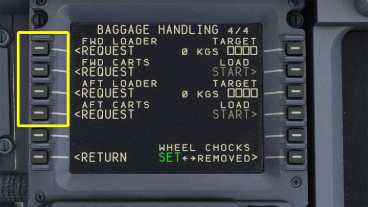 Na ostatniej, czwartej stronie menu Ground Services znajdują się o wiele bardziej istotne funkcje załadunku bagaży - PMDG 737: Boarding pasażerów i załadunek bagaży - Microsoft Flight Simulator 2020 - poradnik do gry