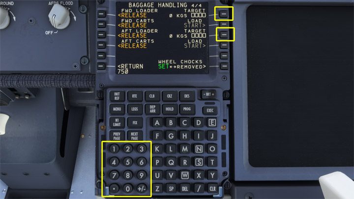 Na klawiaturze wpiszcie ciężar bagaży pamiętając ustawioną jednostkę miary (LBS lub KGS) dla przedniego i tylnego luku i wprowadźcie je do kwadratowych pól TAREGT - PMDG 737: Boarding pasażerów i załadunek bagaży - Microsoft Flight Simulator 2020 - poradnik do gry